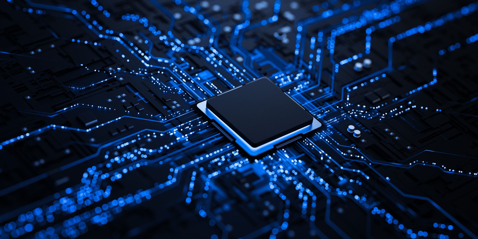 Processor chip on circuit board with copy space for design Processor chip on circuit board with copy space for design